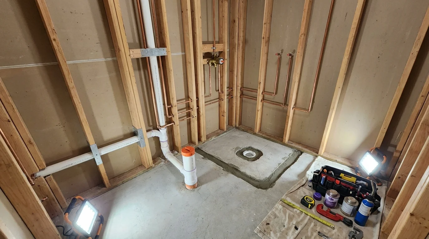 Bathroom rough-in plumbing during remodel by Johns Plumbing LLC in Viroqua