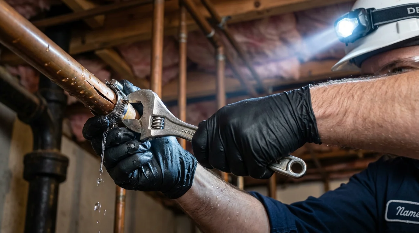 Emergency pipe clamp repair being performed by a Johns Plumbing LLC plumber in Viroqua