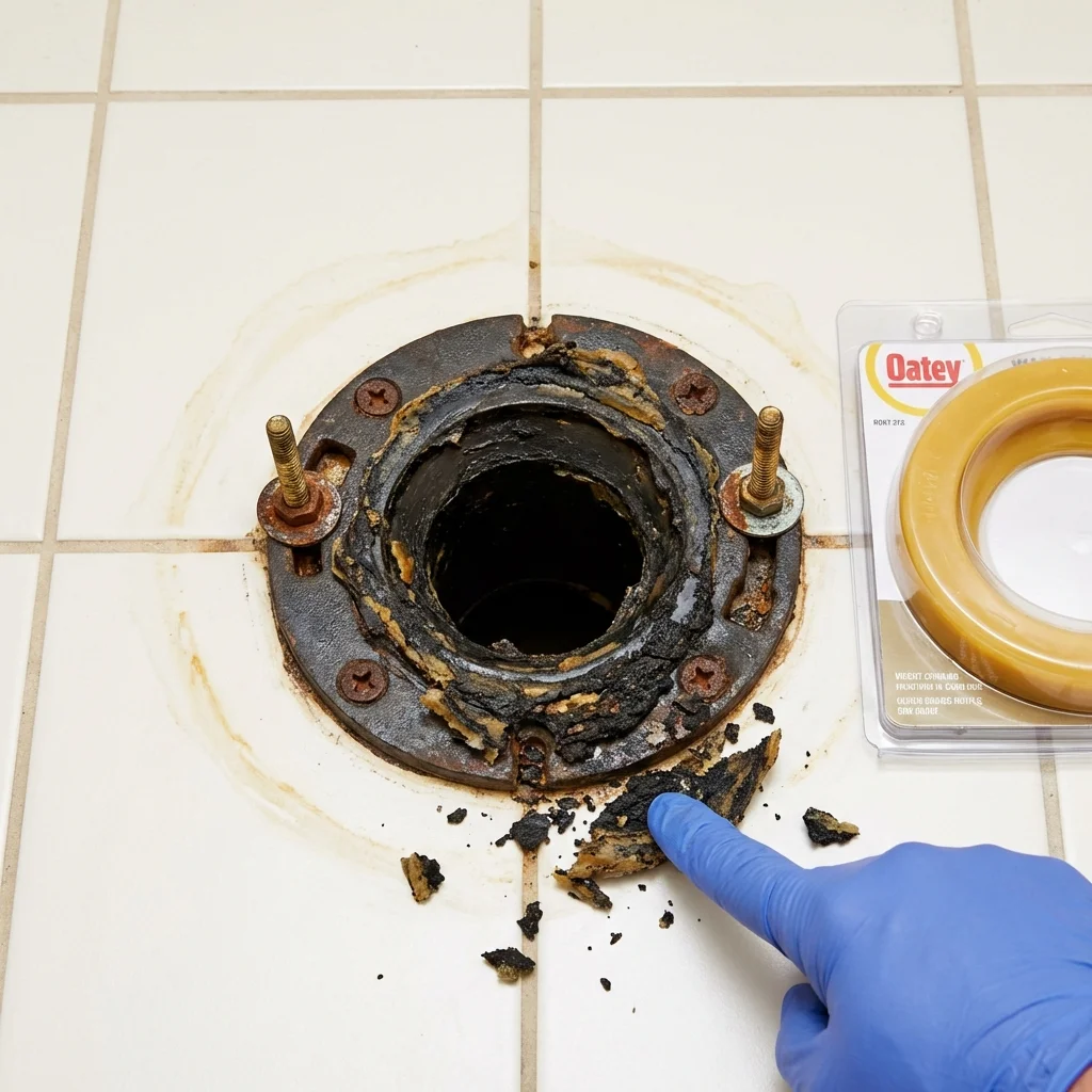 Failed wax ring showing water seepage at the base of a toilet in a Viroqua, WI home