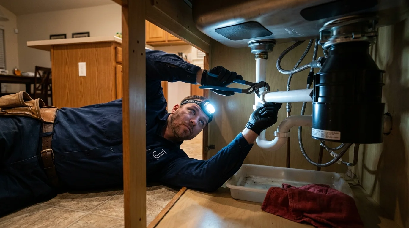 P-trap and supply line connections under a kitchen sink showing a common leak point in Viroqua, WI